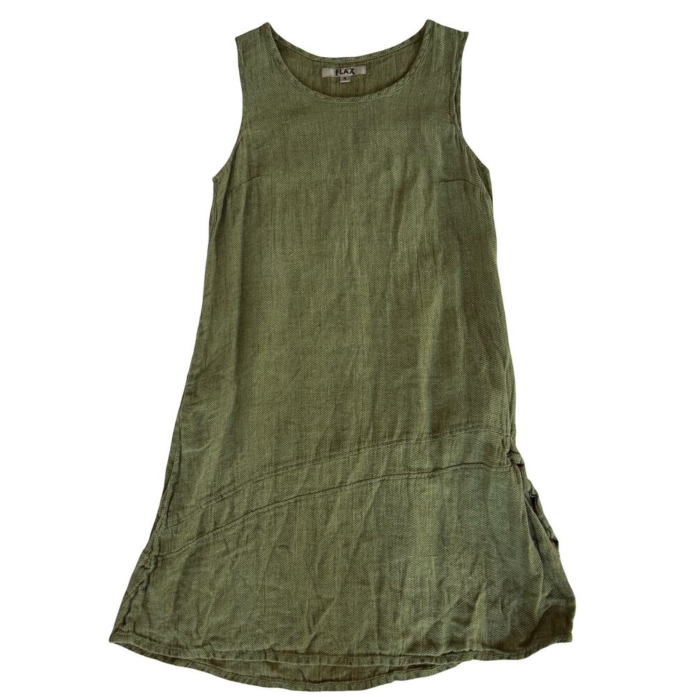 FLAX Women's Short Sleeve Green Linen Shift Dress Size Small